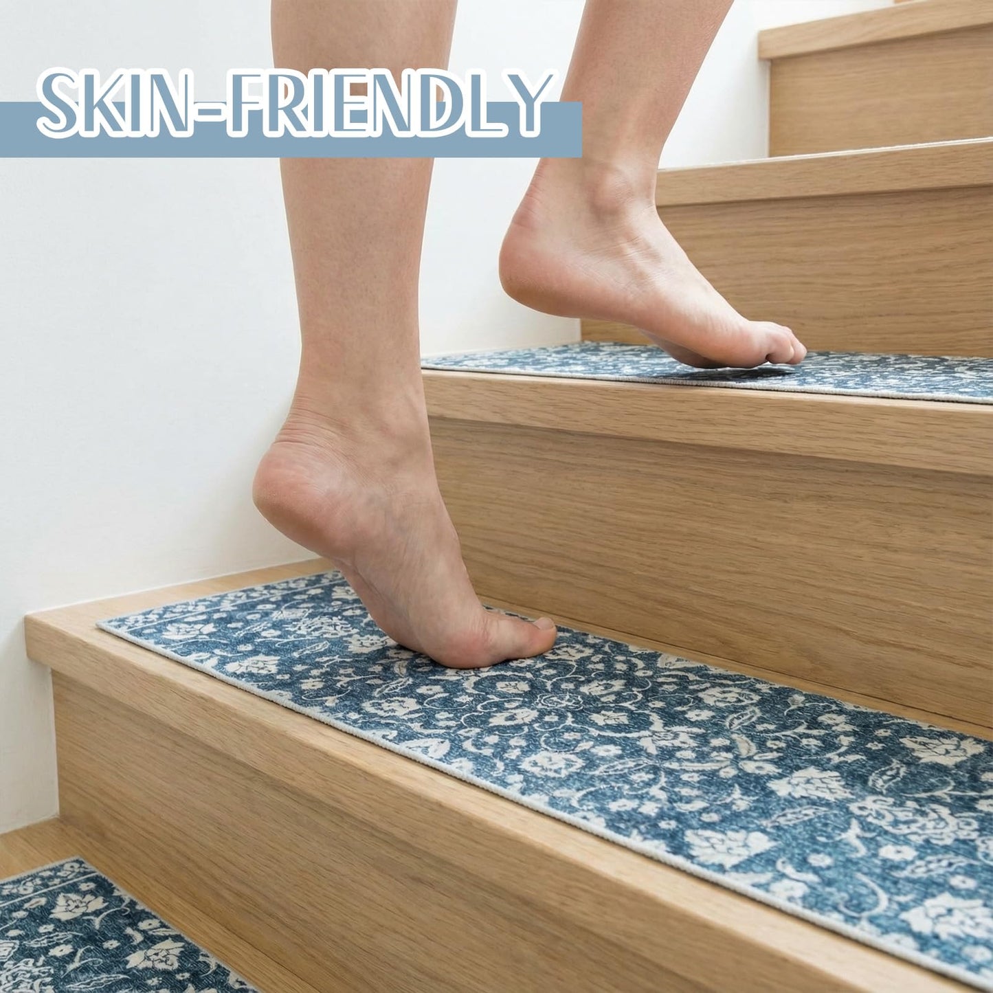 Breling 15 Pcs Blue and White Floral Stair Treads for Wooden Steps 8x30 Inches Stair Treads Indoor Non-Slip Carpet Runner Decorative Long Rugs Safety Mats for Indoor Carpet Covers Elders and Dogs
