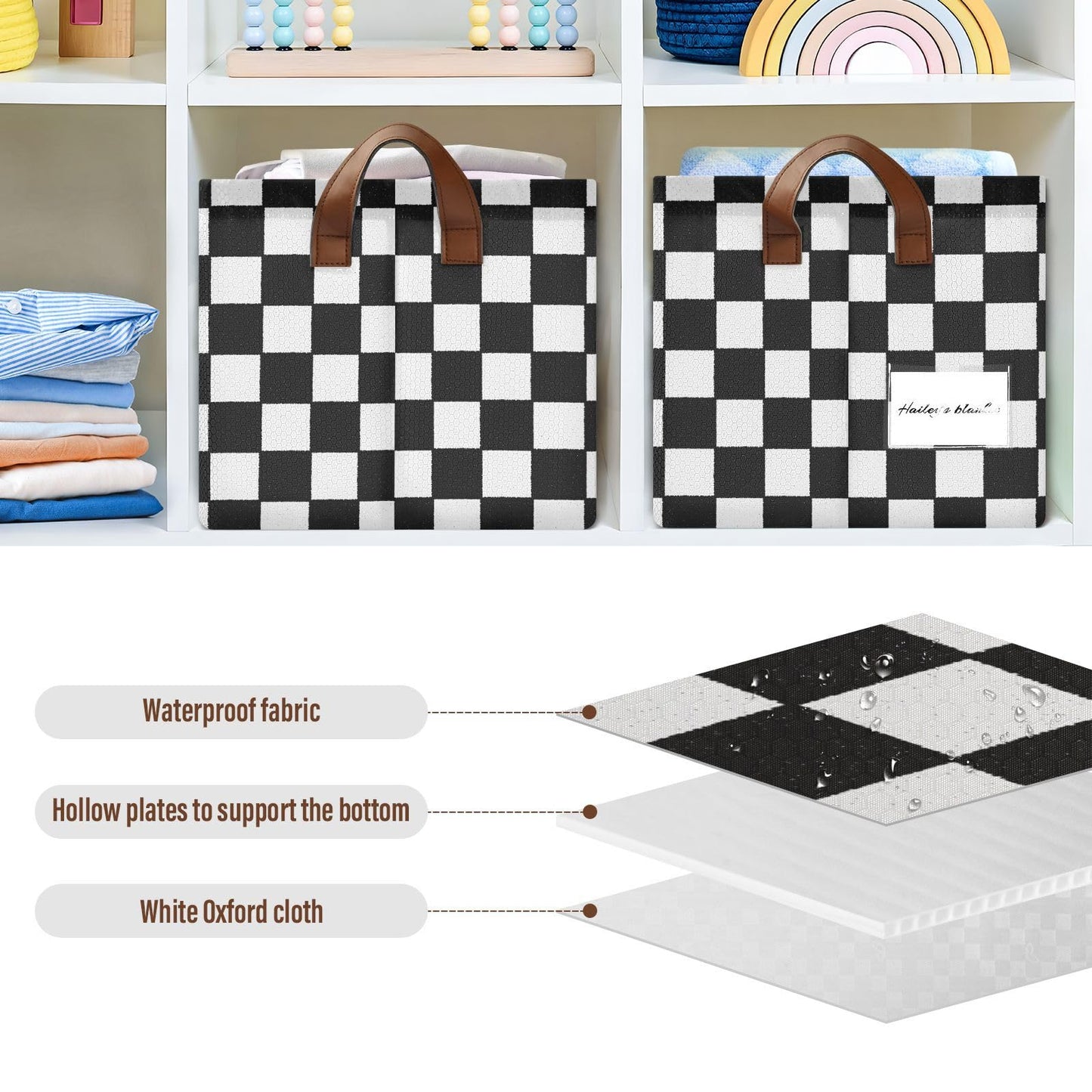YNNALE Black and White Checkered PlaidStorage Bins for Shelves with Labels&Handles Fabric Organizer Bin Foldable Rectangle Storage Basket Boxes for Closet, Bathroom, Home, Living Room