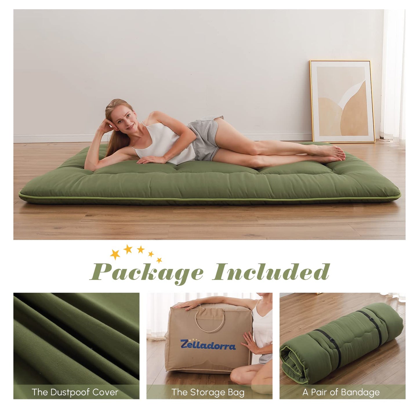 Zelladorra Japanese Floor Mattress, Futon Mattress with Portable Storage Bag and Washable Cover, Roll Up Thick Tatami Mat Suitable for Camping, Guest Room, Green, Twin