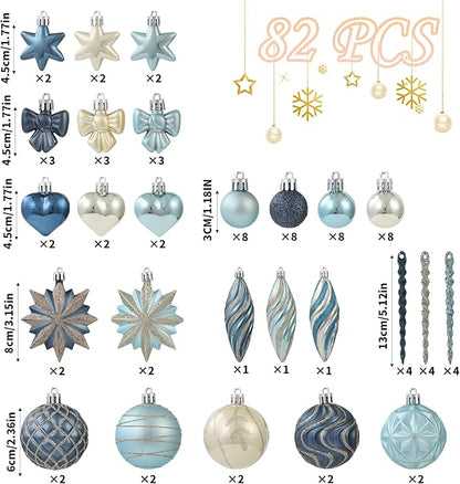82Pcs Blue and Gold Christmas Ornaments Set,Plastic Assorted Christmas Decorations for Tree Shatterproof Baubles Snowflake Xmas Ball Ornaments for Holiday Party Decor (Blue&Gold)