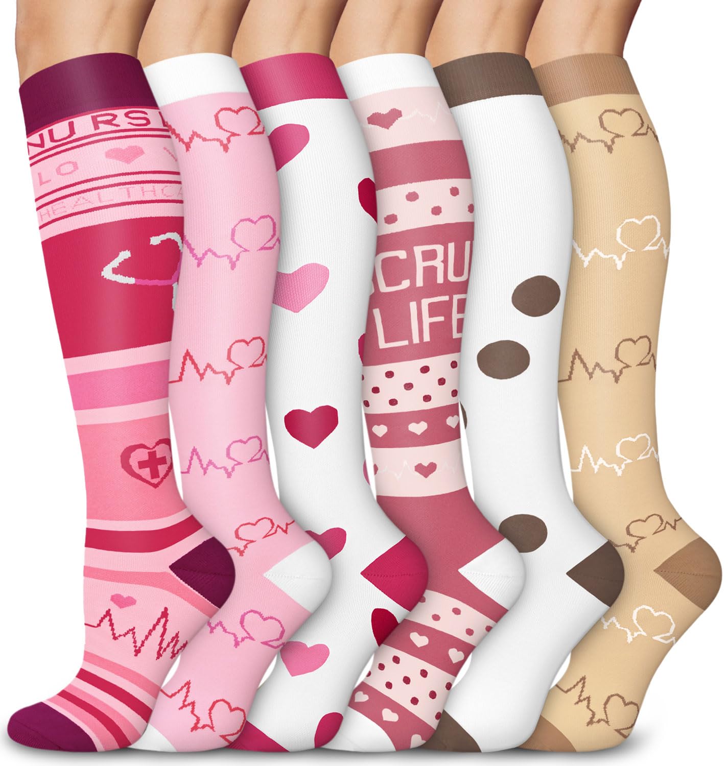 Aoliks Compression Socks for Women and Men, Knee High Support Stockings, Circulation & Fatigue Relief, Cute Pink Socks for Work, Nursing Students, Nurse Gift, Gift for Women, Long Shifts