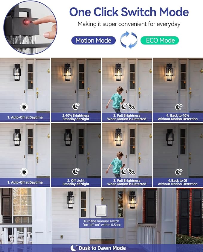 Motion Sensor Outdoor Lights, Dusk to Dawn Outdoor Lighting Exterior Light Fixture with Water Glass, Waterproof Sconce Wall Mount for House Porch Patio Garage, Bulb Included