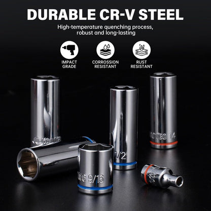 JU JIAN TEC 47-Piece 1/4" Drive Impact Socket Set - Deep & Shallow Socket Set SAE 5/32"-9/16" and Metric 4-15mm, 6 Point CR-V Alloy Steel for Auto Repair, with Molded Case