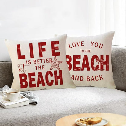 ULOVE LOVE YOURSELF Coastal Beach Throw Cushion Covers Double-Sided Tropical Palm Paddles Anchor Starfish Summer Beach House Decorative Pillowcase 18 x 18 Inch 4Pack Porch Patio Decor (Red)