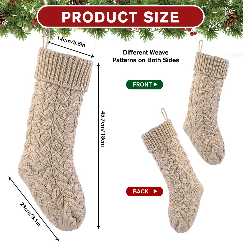 Teeanzo 4 Pack 18 Inches Christmas Knitted Hanging Stockings, Xmas Large Farmhouse Rustic Neutral Cable Knit Personal Stockings Decorations for Christmas Tree Fireplace Family Holiday Party Decor