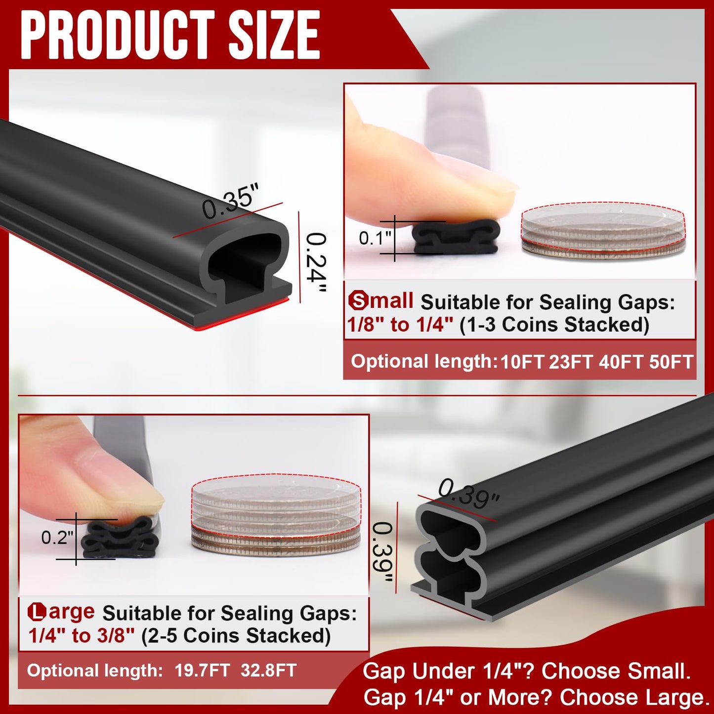 alophoty Weather Stripping Door Seal - 10 Ft Self-Adhesive TPE Rubber Door Seal Strip for Door Frame/Window Seal, Soundproofing & Insulation Strip to Block Drafts, Wind, Noise, Dust (Black)