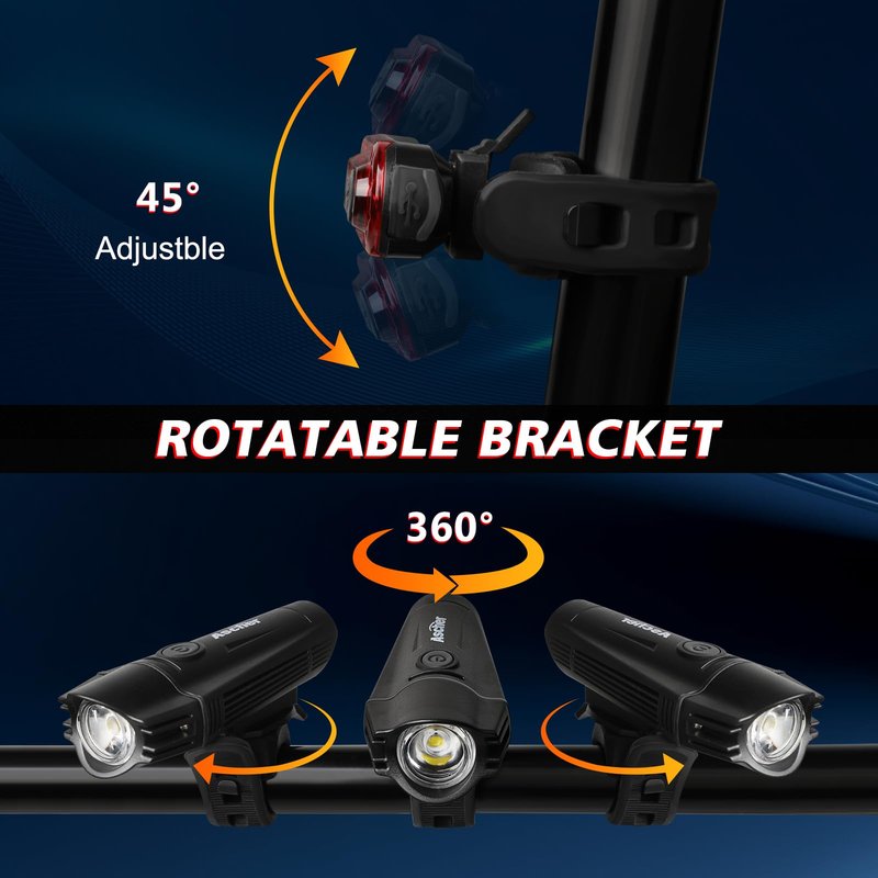 Ascher Ultra Bright USB Rechargeable Bike Light Set, Powerful Bicycle Front Headlight and Back Taillight, 4 Light Modes, Easy to Install for Men Women Road Mountain Cycling Black