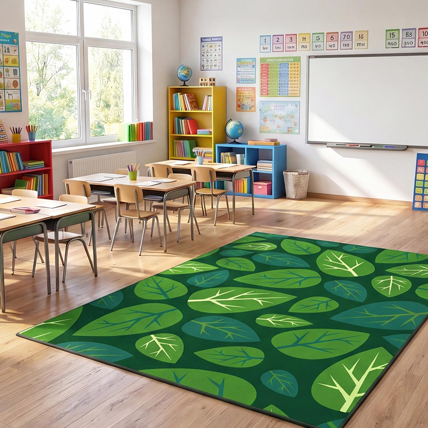 Frienda 13 x7.5 ft Large Classroom Rug for Back to School Decor Green Leaves Rug Non Slip Carpet Soft Nylon Learning Rugs for Reading Corner Circle Time School Classroom Decor