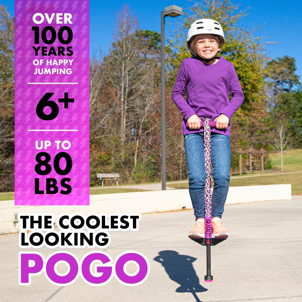 Flybar Jolt Pogo Stick for Kids, Perfect for Beginners w/ Foam-Covered Metal Frame, Handles & Padding, Non-Slip Foot Pads, Wide Tip, Outdoor Active Play Toy for Boys & Girls, Ages 6+, Leopard