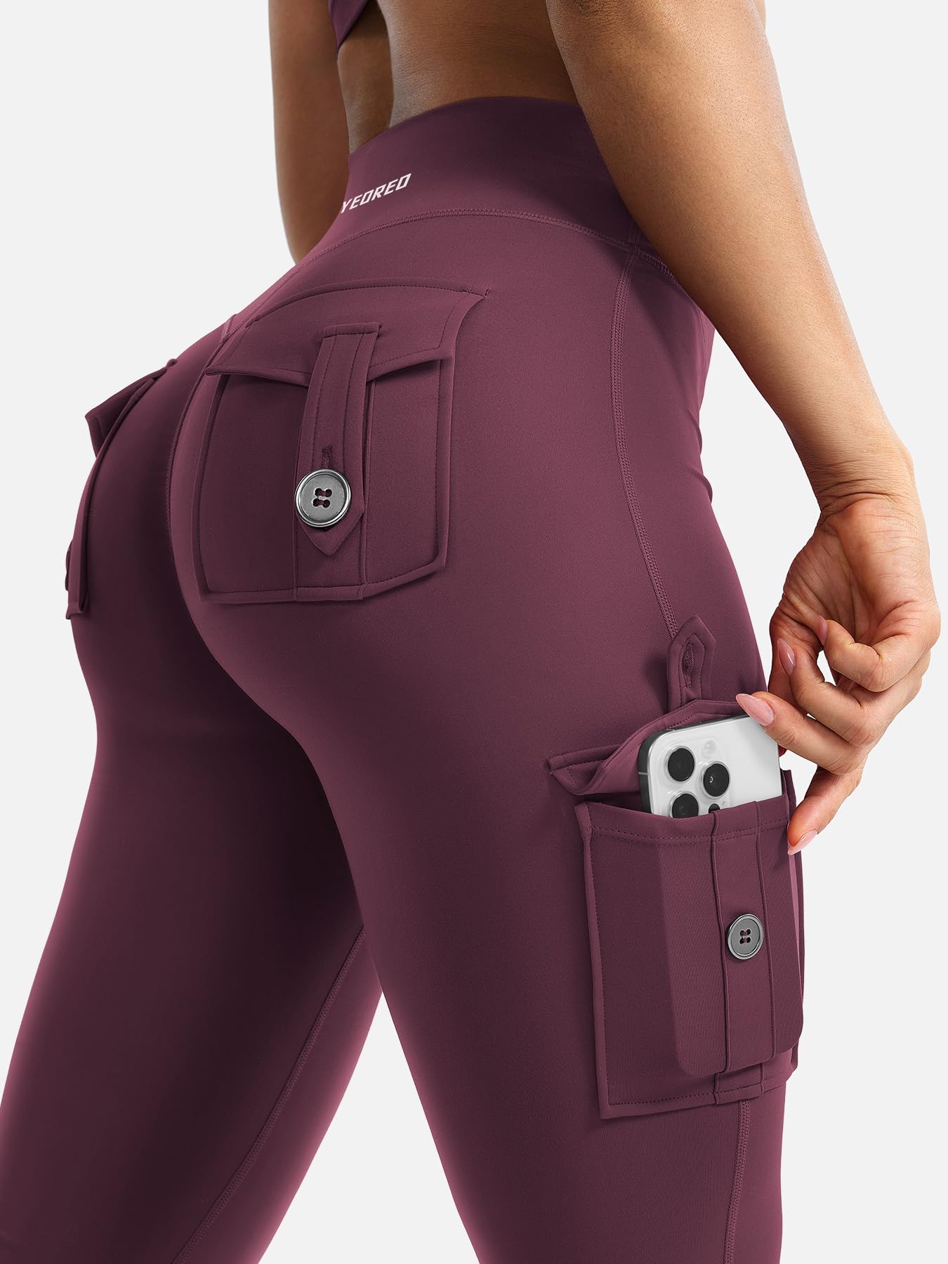YEOREO CoreFlex Women Workout Flare Leggings with Pockets Scrunch Cargo Gym Yoga Leggings Black Cherry M