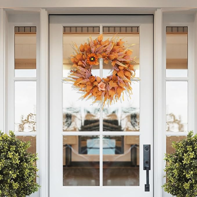 Fall Wreaths for Front Door 26 Inch, Front Door Wreath with Sunflowers Roses and Realistic Full Leaves, Outdoor Wreaths for Front Door Porch Farmhouse Home Harvest Thanksgiving Decor