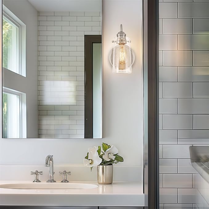 Kira Home Rayne 10" Modern Farmhouse Wall Sconce, Gooseneck Bathroom Light, Seeded Glass Shade + Brushed Nickel Finish