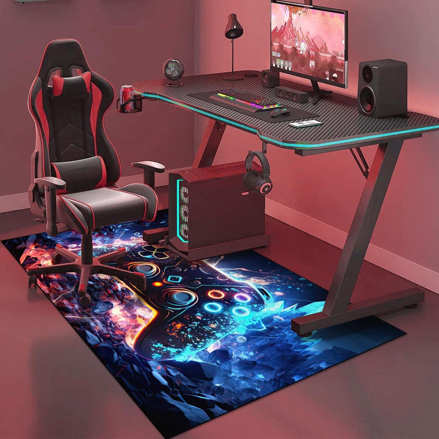 Gaming Area Rug Teen Boys Carpet, Colorful Gamepad Background Game Controller Design for Game Room, Boys Girls Bedroom Playroom, Living Room (Crystal Cave, 60" x 40")