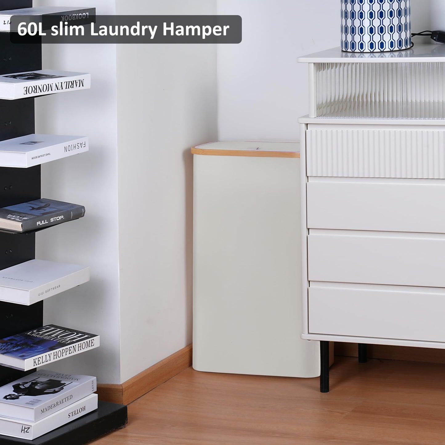 Merkisa Slim Laundry Hamper,Narrow laundry Hamper with Lid,60L Hamper for Laundry,Dirty Cloth Hamper with Bamboo Handle for Towels, Clothes Organizing,Beige