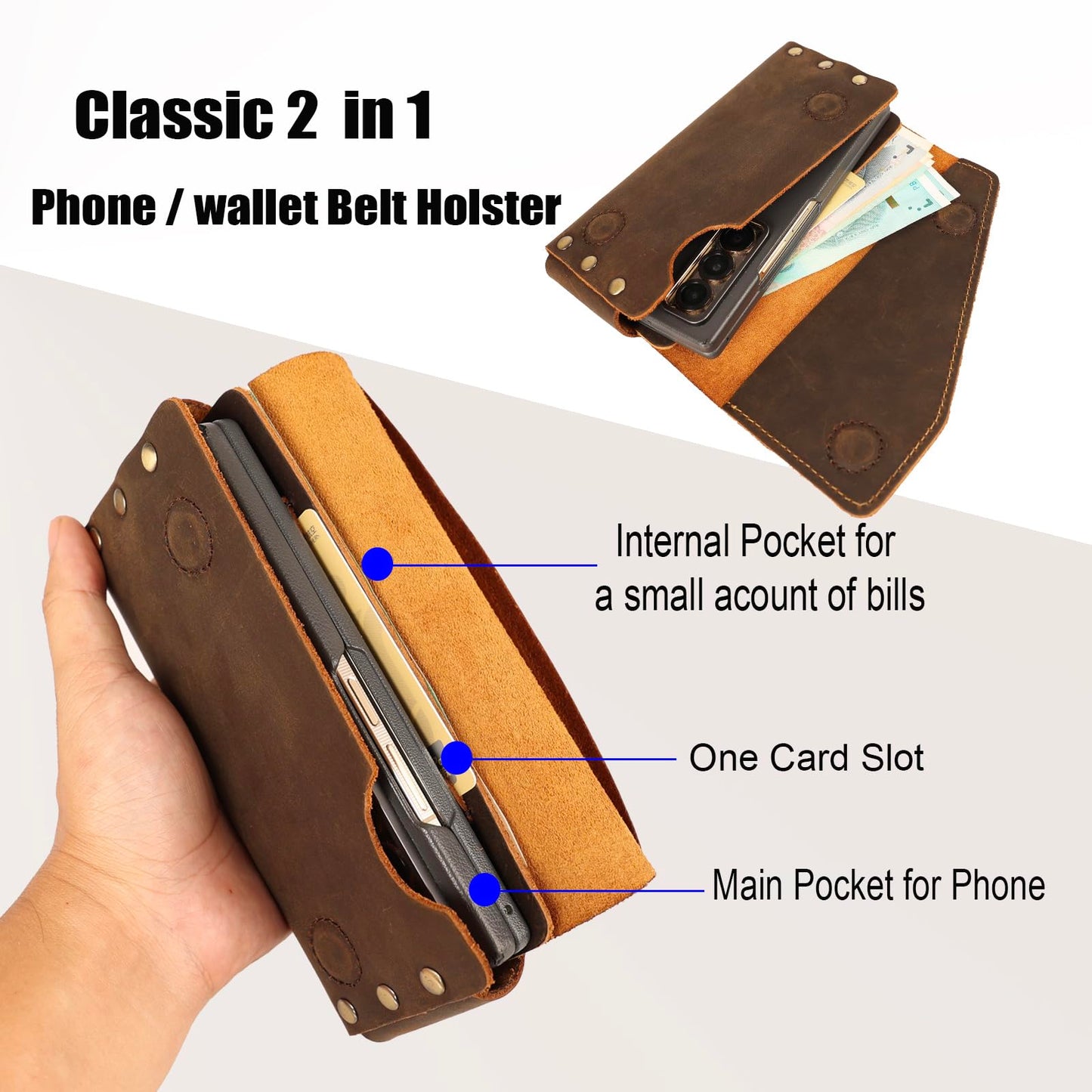 Topstache Leather Phone Holster for iPhone 17 Pro Max/17 Air- Magnetic Closure Belt Clip Cell Phone Case for Galaxy S25 Ultra- Card Holder Belt Pouch for Galaxy Z Fold 7/6/5/4/3, Darkbrown