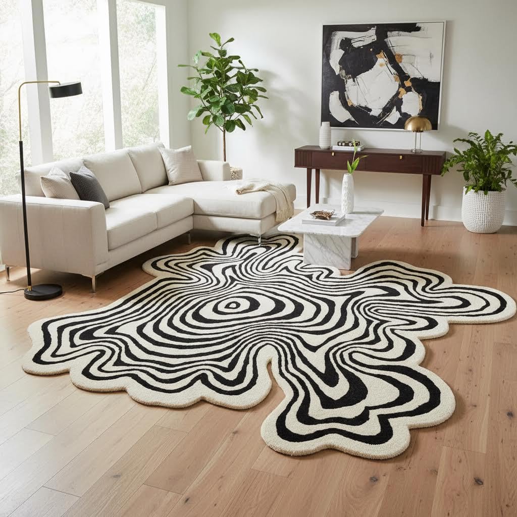 Irregular Shaped Black Beige Large Square Rug 5x5 Illusion Abstract Striped Pattern Washable Easy Clean Deco Rugs Living Room Diningroom Bedroom Playroom Guestroom Home Office Modern Carpet