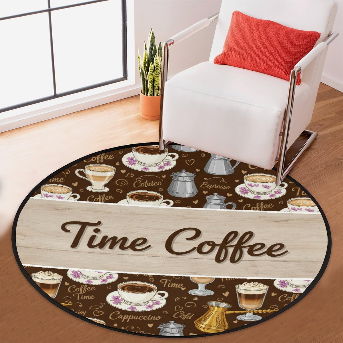 Round Area Rug 5Ft - Coffee Time Circle Entryway Rugs No Slip Washable Indoor Floor Throw Rug Carpet for Living Room Sofa Bedroom Under Dining Table, Aesthetic Decor