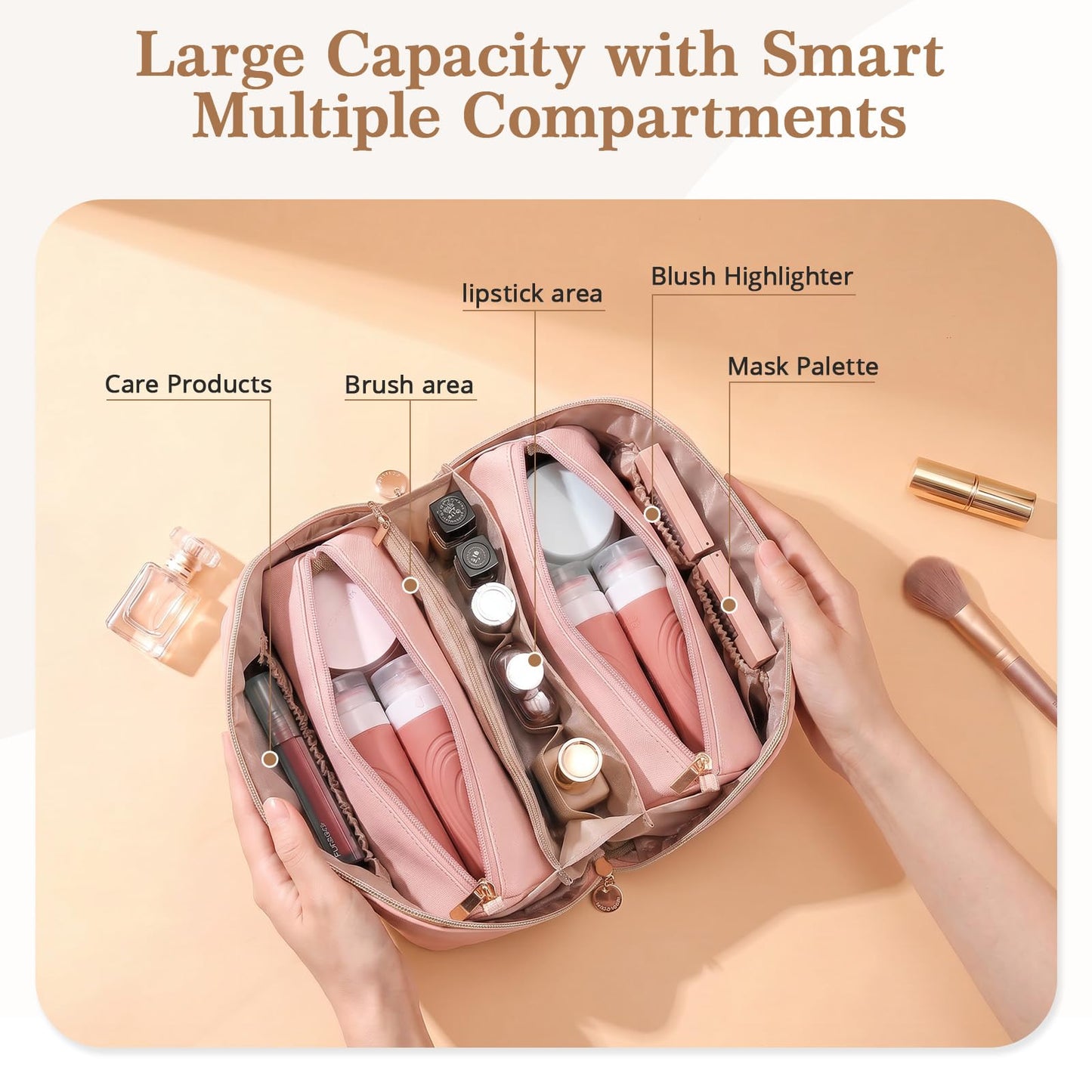 MOT HINN Travel Makeup Bag for Women: 3-in-1 Large Capacity Cosmetics Organizer with 2 Detachable Pouch - Vegan Leather Flat Open Toiletry Bag - Portable Travel Essentials for Full-Sized Bottles(Pink)