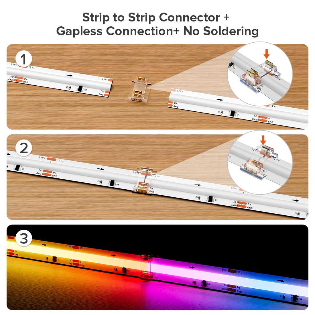 BTF-LIGHTING 3Pin 12mm Width Transparent Connector Kit, L-Shaped/Corner Connector Kit Only Support FCOB SPI WS2811 720LED/m RGB (+ DI GND) 3 Wires LED Strip
