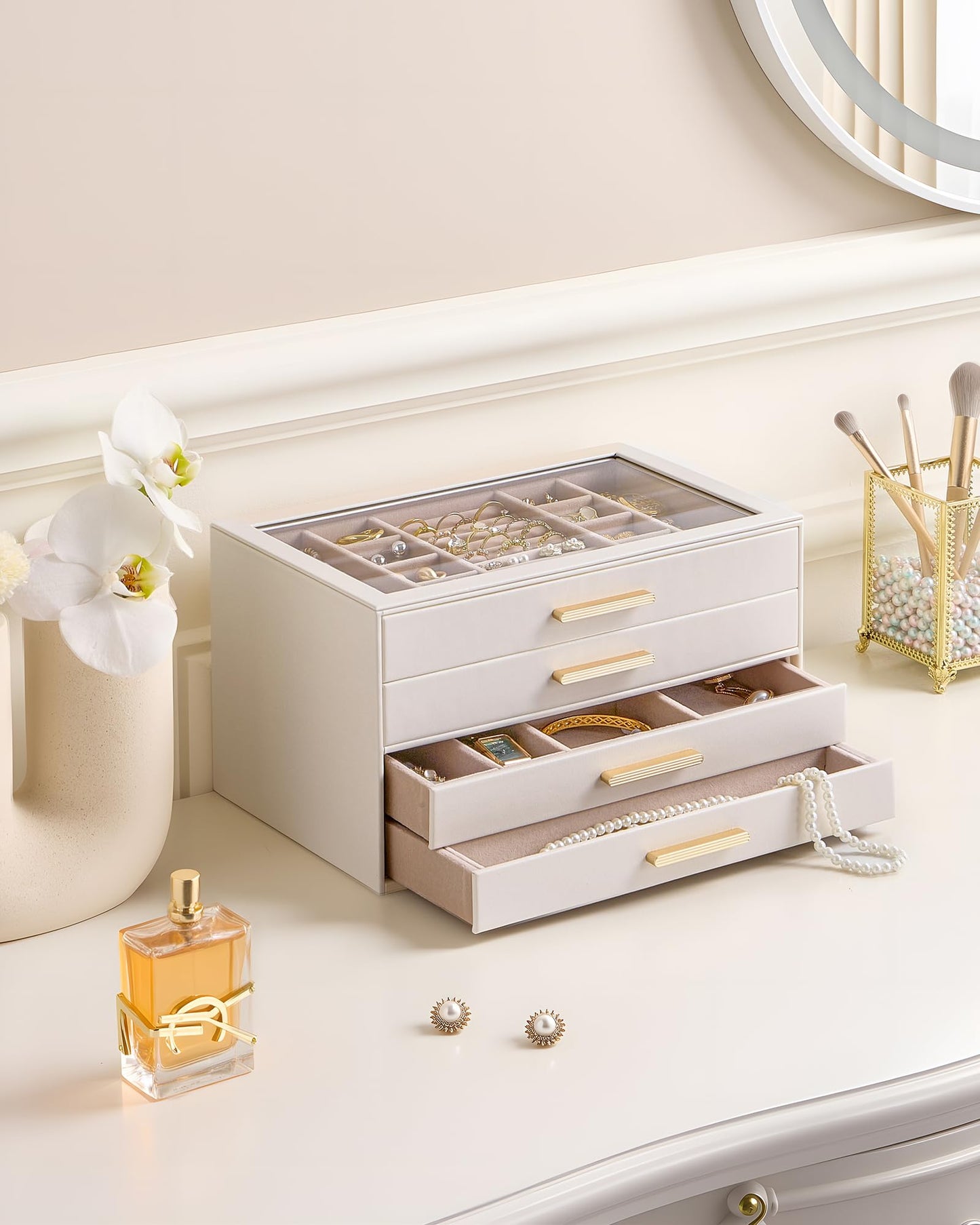 Lolalet Jewelry Box Organizer, 4-Layer Jewelry Organizers and Storage Case with Glass Lid, Ring Earring Bracelet Necklace Holder Organizer, Birthday Valentine Gifts for Women Girls -4Layer, Beige