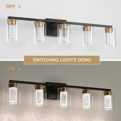 5-Light Black Bathroom Light Fixture, Dimmable 5CCT Black and Gold Bathroom Vanity Lights, 2700K-6500K Modern Crystal Bubble LED Wall Sconce Over Mirror with Clear Glass