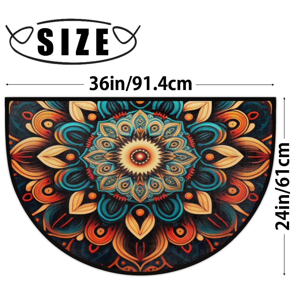 Bohemian Flower Half Round Doormat Boho Floral Washable Semi Circle Area Rug Non Slip Absorbent Half Moon Rug for Indoor Outdoor Bathroom Kitchen Patio Front Welcome Fireplace Hearth Floor Mat