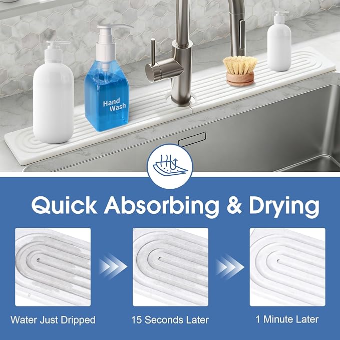 Stone Faucet Mat for Kitchen Sink, Silicone Faucet Handle Drip Catcher Tray Mat
