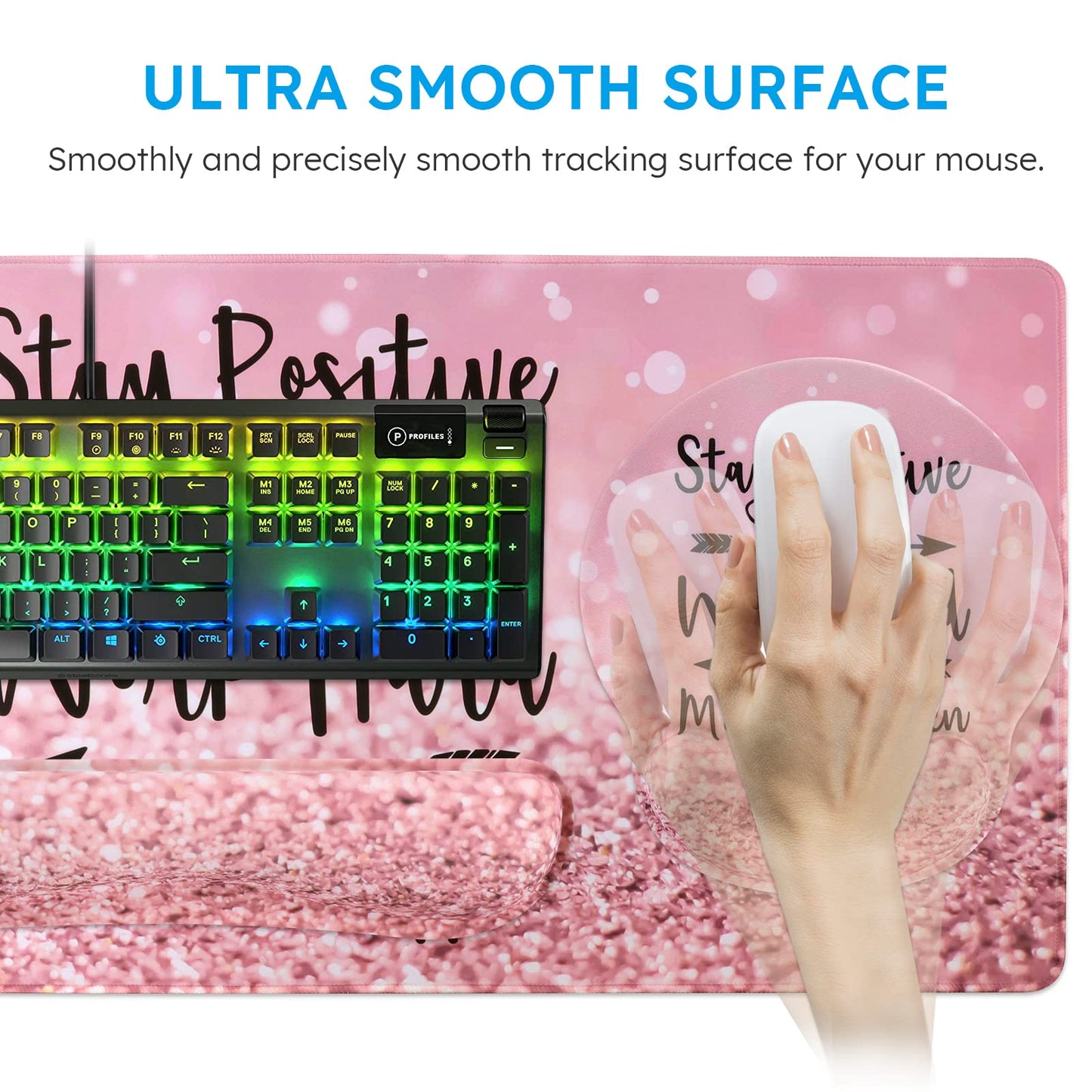 iCasso Mouse Pad,Large Pink Desk Mat Set, 4in1 XXL Mousepad + Keyboard Wrist Rest+Mouse Wrist Rest+Coaster with Ergonomic Desk Pad for Home Office Table Computer Cover -Pink Stay Positive