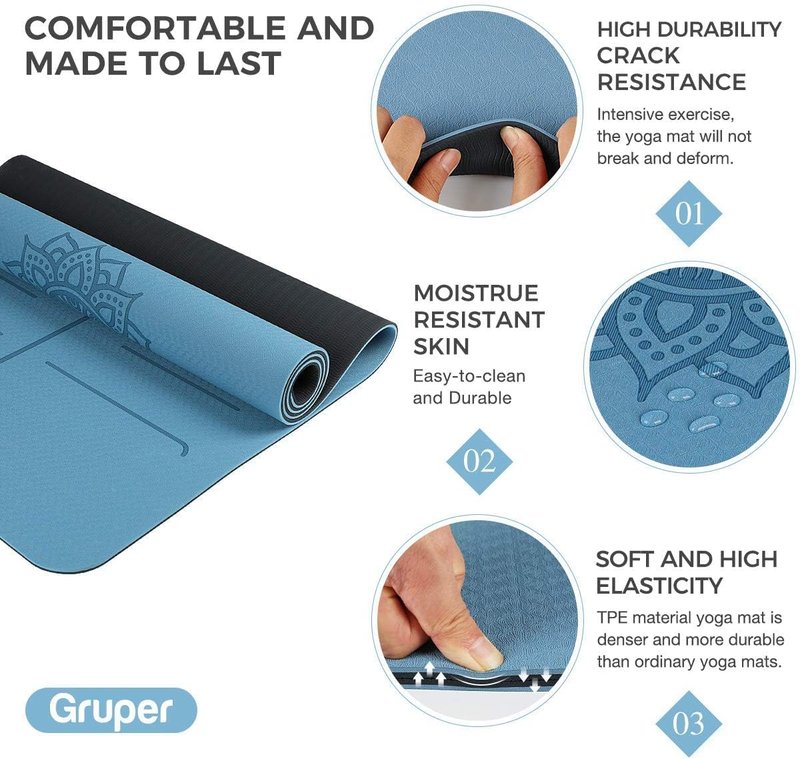 Yoga Mat Non Slip TPE Thick Yoga Mat with Alignment Mark, Large Size 72"L x 32"W x 0.32"Th or 0.24"Th, Anti-Tear Exercise & Fitness Mat for Yoga, Pilates & Floor Workouts (Blue Black, Thickness-6mm)