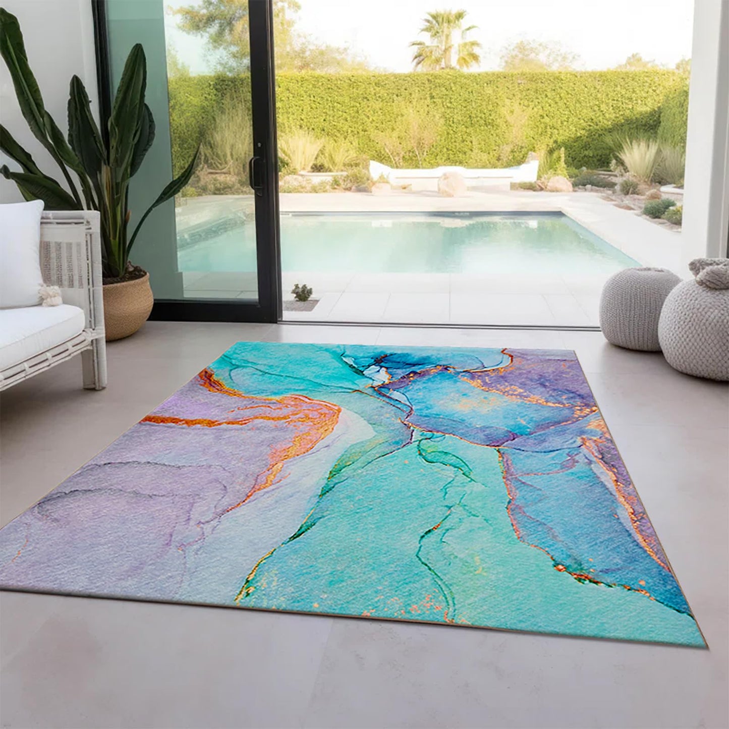 Abstract Washable Indoor Outdoor Rug, 5' x 7.6', Stain Resistant, Easy Clean, Teal Rug for Indoor/Outdoor Patio, Deck, Porch, Garden, Courtyard