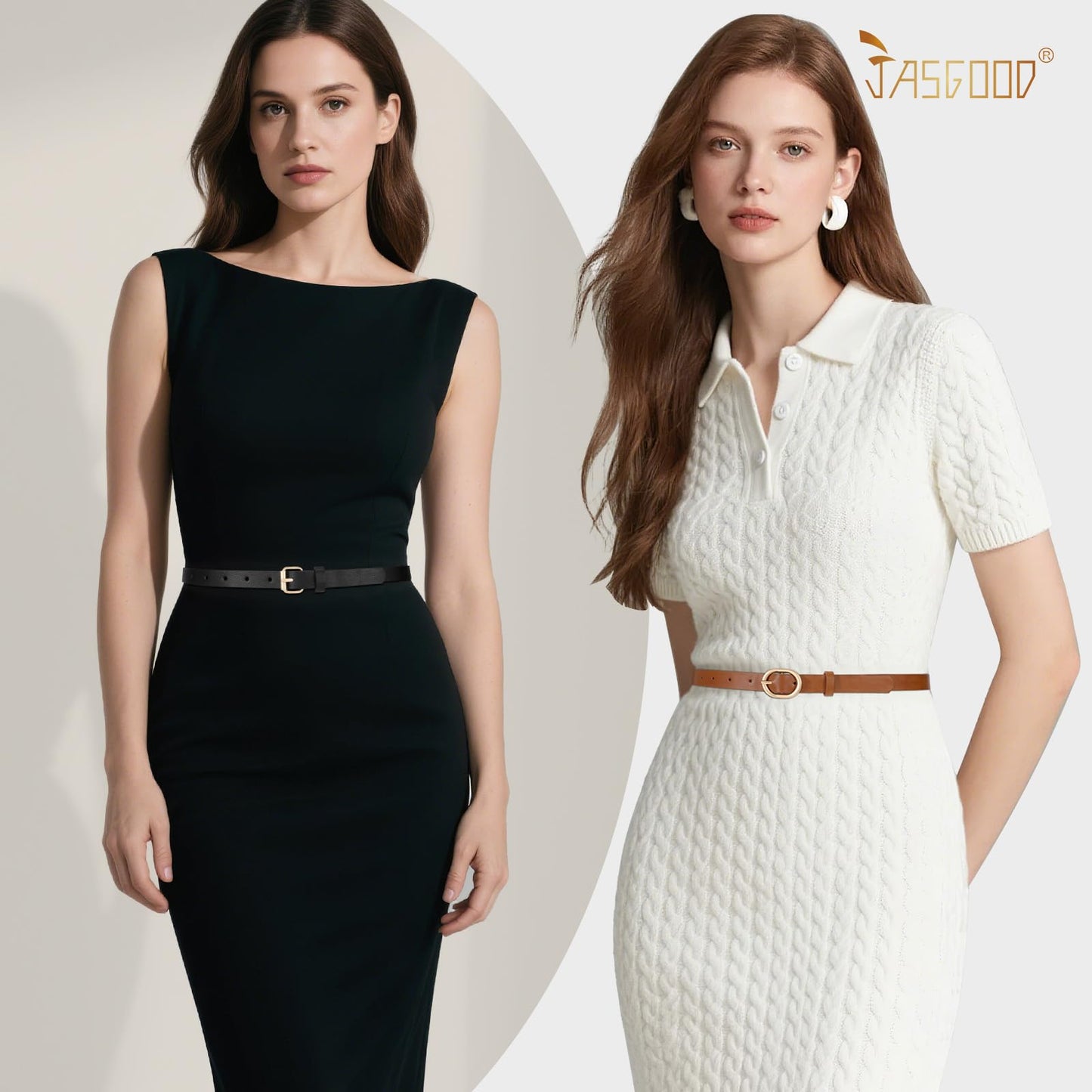 JASGOOD 4 Pack Women Skinny Leather Belt for Dresses with Gold Buckle Ladies Thin Waist Belt for Jeans Pants，Beige+White+Black+Blue