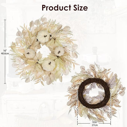 Briful 16'' Cream White Pumpkin Wreath for Fall – Rustic Autumn Front Door Wreath with Faux Leaves, Seeded Branches & Grapevine Base – Farmhouse Thanksgiving Wall Decor for Indoor, Covered Outdoor