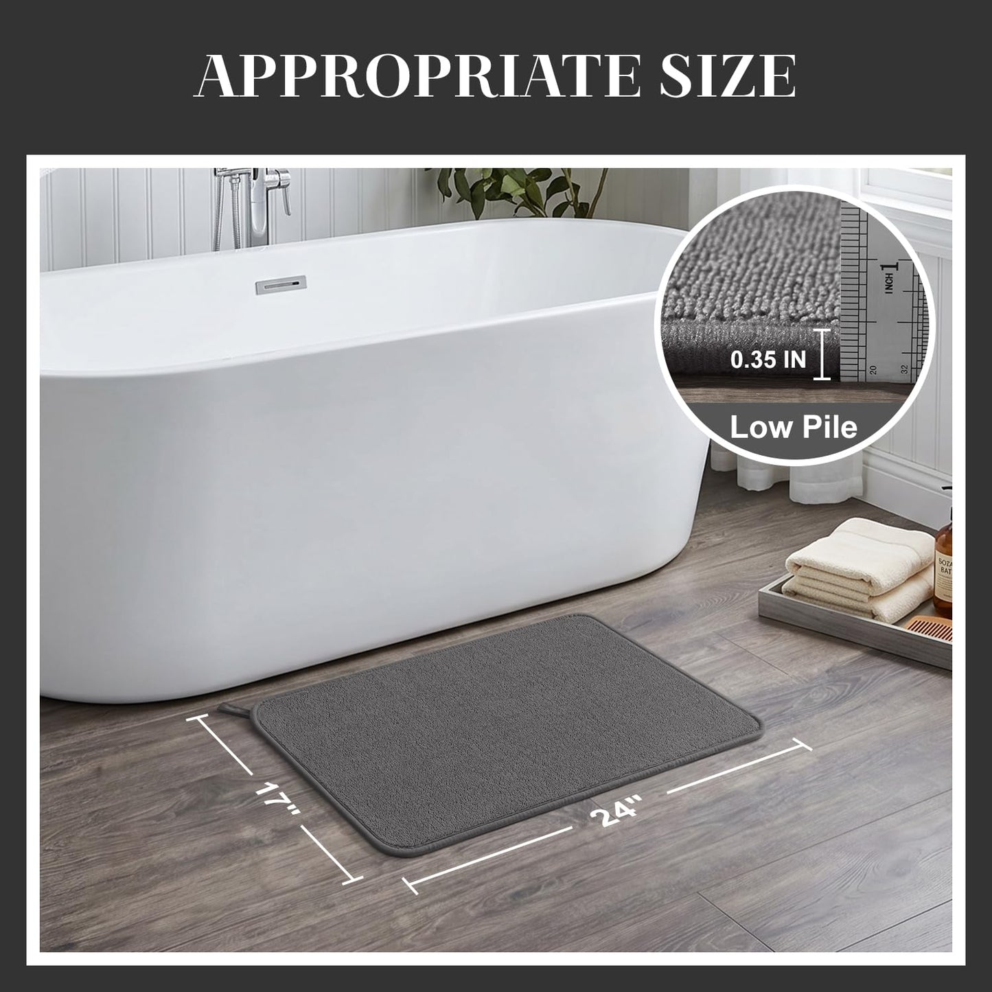 MontVoo Quick Dry Bath Mat,Thin Low-Profile Bathroom Rug, Absorbent Bath Mats for Floor with Non-Slip Backing, Machine Washable Bath Rug for Shower, Bathtub, Sink, Darkgrey, 17x24