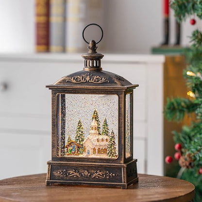 Christmas Snow Globe Lantern Water Glittering Churche & Manger Scene with Music & Timer, USB Lined/Battery Operated Lighted Lantern for Christmas Festival Decoration Gifts