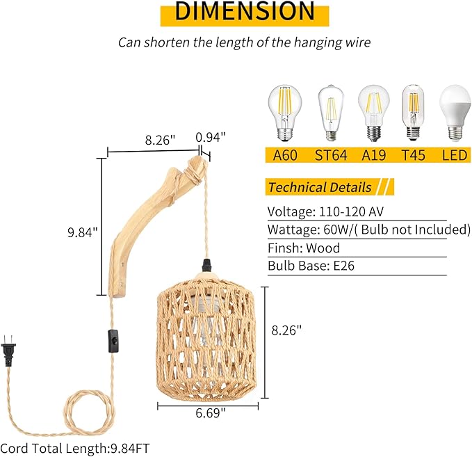 Frideko Rattan Wall Lamp with Plug in Cord Hand Woven Plug in Wall Sconces Paper Rope Wall Light Farmhouse Wall Sconce Wall Mounted Light Boho Wall Sconces Wall Lighting for Bedroom Living Room