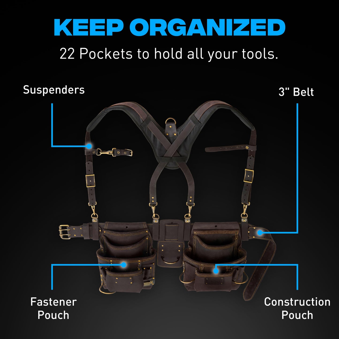 OX Pro Oil‑Tanned Leather Carpenter Tool Belt with Padded Suspenders & Dual Hammer Loops