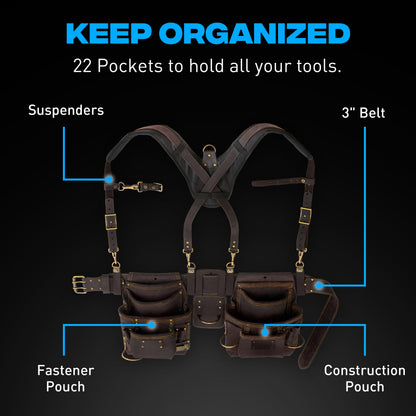 OX Pro Oil‑Tanned Leather Carpenter Tool Belt with Padded Suspenders & Dual Hammer Loops