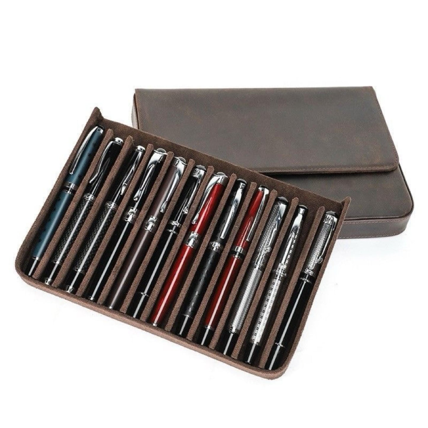 UPRESYE Leather Fountain Pen Case Collector Organizer, Pencil Case Handmade Pen Protective Sleeve (Magnetic 12 slots)