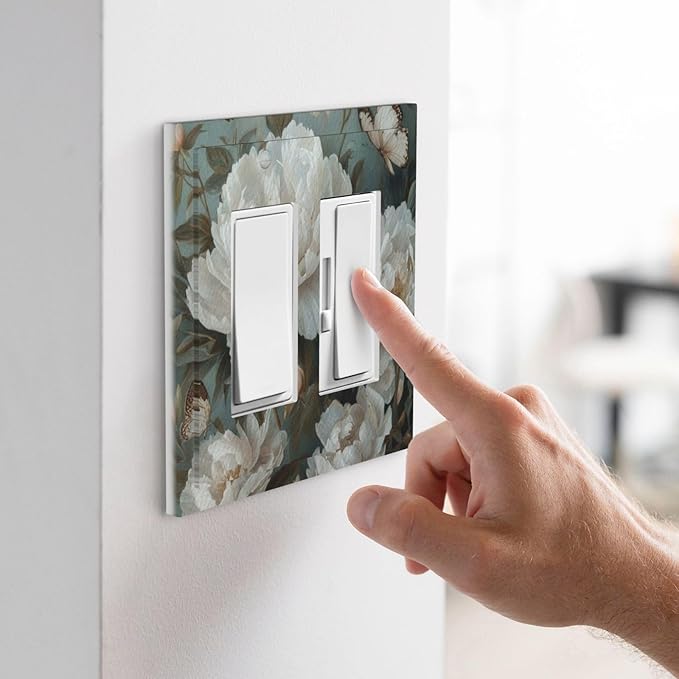 Decorative Art Light Switch Covers Butterflies & Peonies 2 Gang Dual Rocker Outlet Switch plate Faceplate GFCI for Home Decor