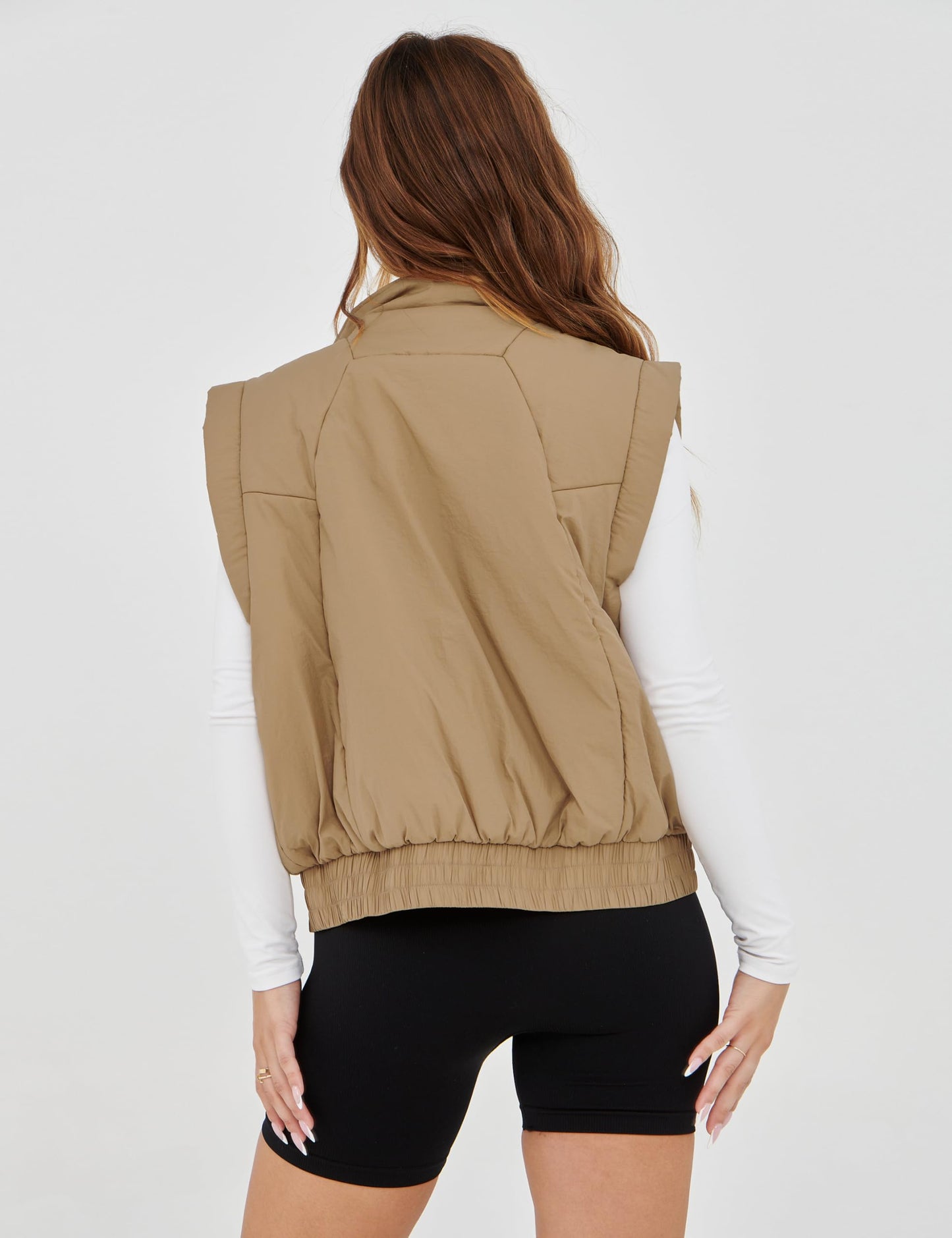 Lviefent Womens Puffer Vest Cropped Lightweight Button Down Quilted Vest Sleeveless Padded Gilet Coat with Pockets (Khaki-S)