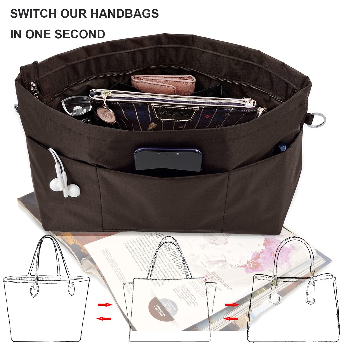 Time Wing Handbag Tote Purse Organizer Insert Bag Liner Shaper Divider Zipper 11 Pockets Compartments Medium Coffee