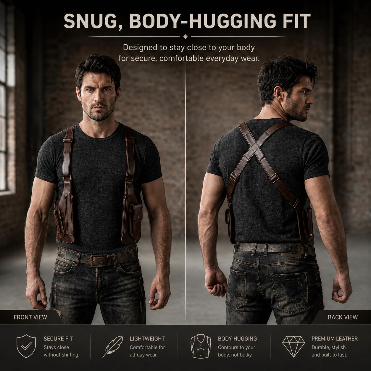 Double Shoulder Armpit Bag for Men, Anti-Theft Underarm Shoulder Bag, Adjustable Armpit Bag, Multi Pocket Crossbody EDC Bag for Travel Everyday Carry, Fits Up to 6.2" Phones (Slim Fit), Brown