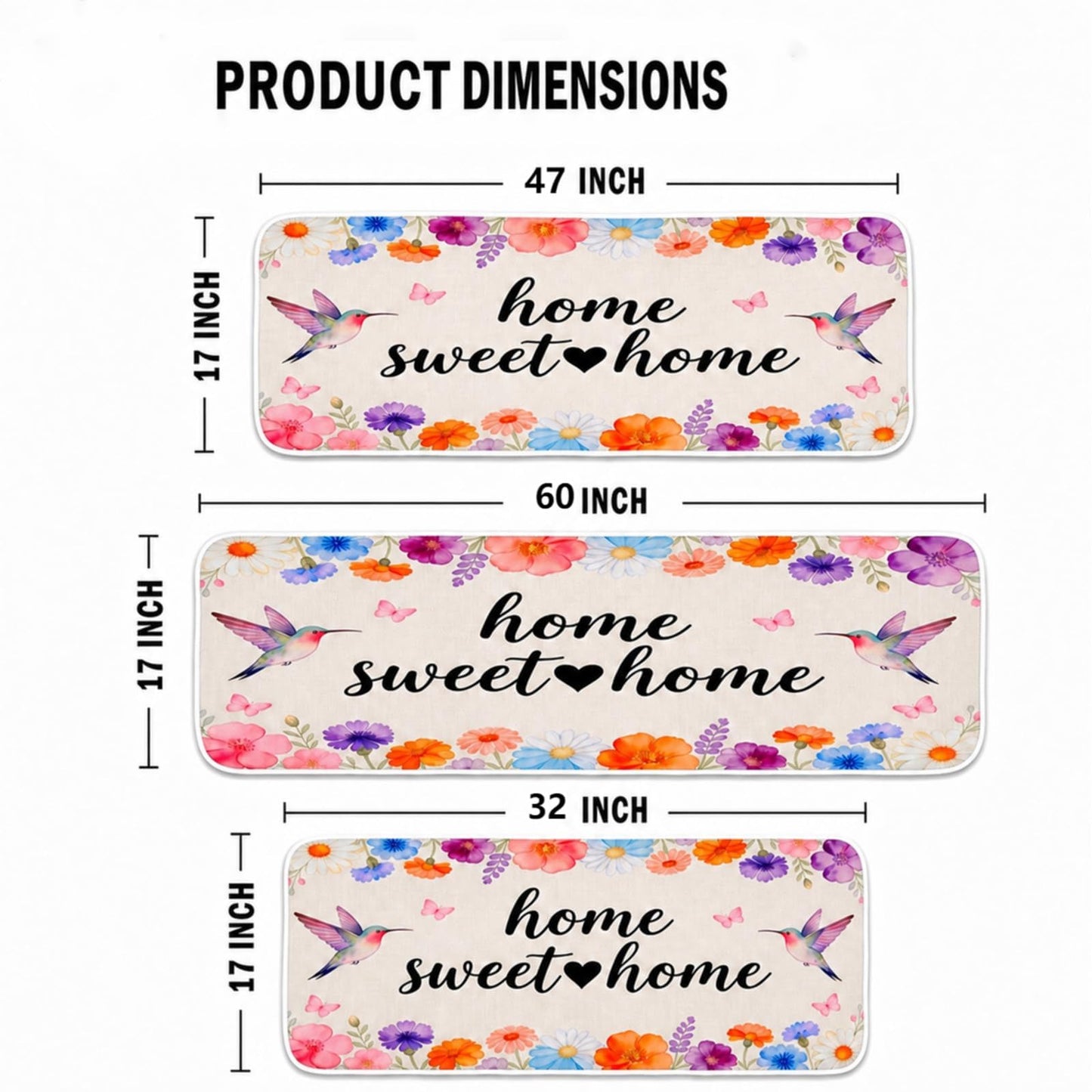 Kitchen Mats for Floor 3PCS,Non Slip Waterproof Kitchen Sink Rugs,Washable Spring Hummingbird Floral Door Mat Comfort Standing Mat for Laundry, Desk, Bar, Office,17“x32”+17“x47”+17“x60”(Hummingbird)
