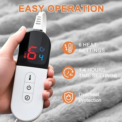 Heated Blanket Electric Throw Blanket 50''X 60''-Heating Blanket with 6 Heat Settings-4 Hours Auto Off,Cozy Faux Rabbit Fur Bubble Electric Blanket,Light Gray