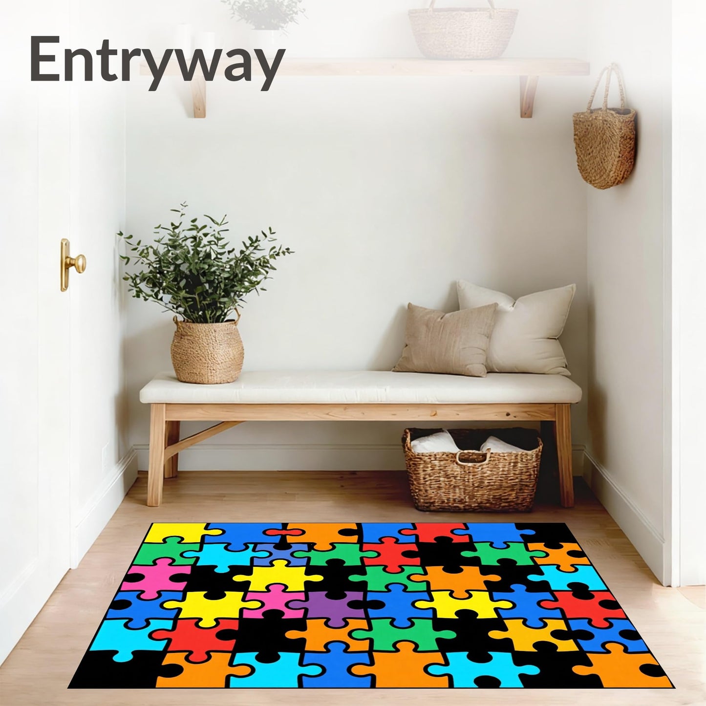 Design&I Low Pile Flatwoven Area Rug 8x10, Colorful Puzzle Mosaic with Interlocking Shapes and Bold Lines, Machine Washable, Stain Resistant Indoor Rug for Living Room, Bedroom, Non Slip(Blue, 8x10)