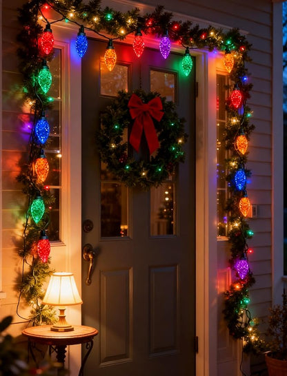 50 Count C9 Christmas Lights Outdoor, 26FT Diamond-Cut Multicolor LED String Lights, Connectable Green Wire Vintage Christmas Lights for House, Roofline, Trees, Garden & Christmas Outdoor Decorations