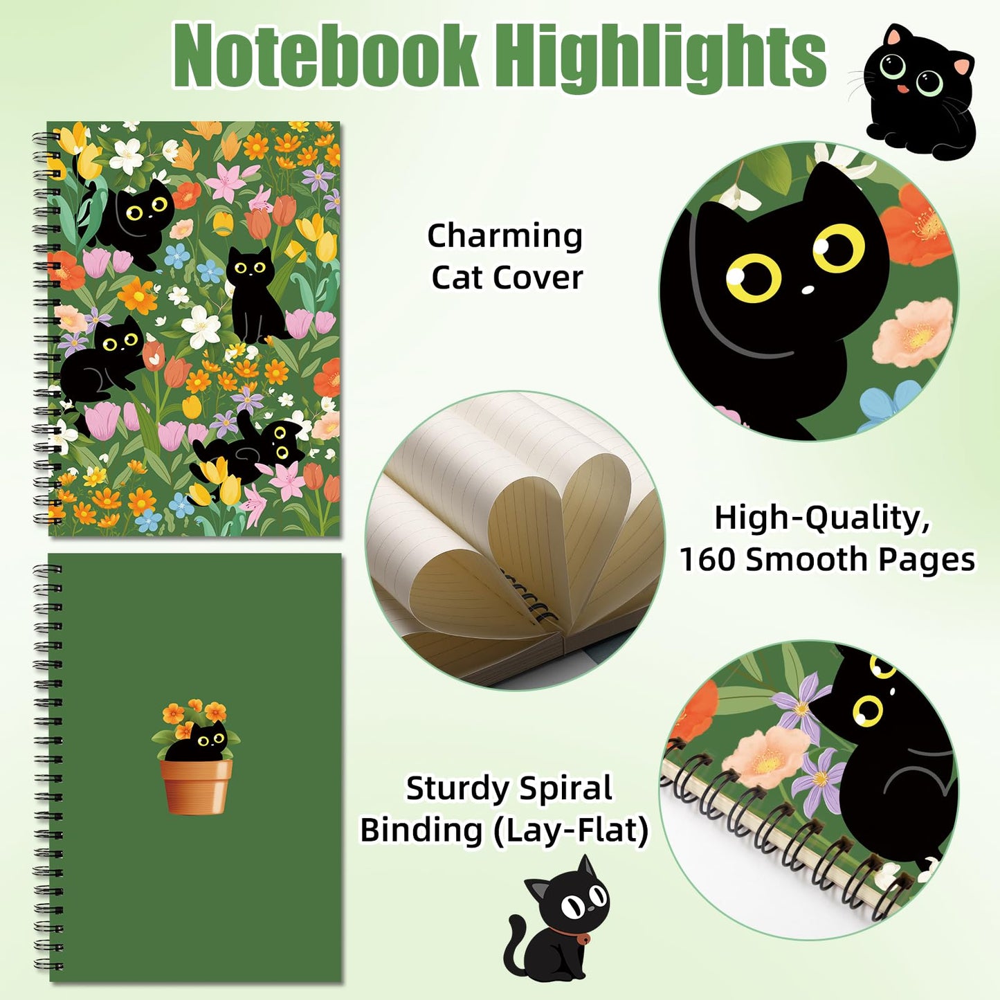 SUMMERGIFTS 6 Pcs Cat Stationery Set Pens Sticky Notes A5 Spiral Notebooks Makeup Bag Pencil Pouch for Girls Women Cute Cat Lovers Christmas Birthday Gifts School & Office Supplies (Cat Floral)