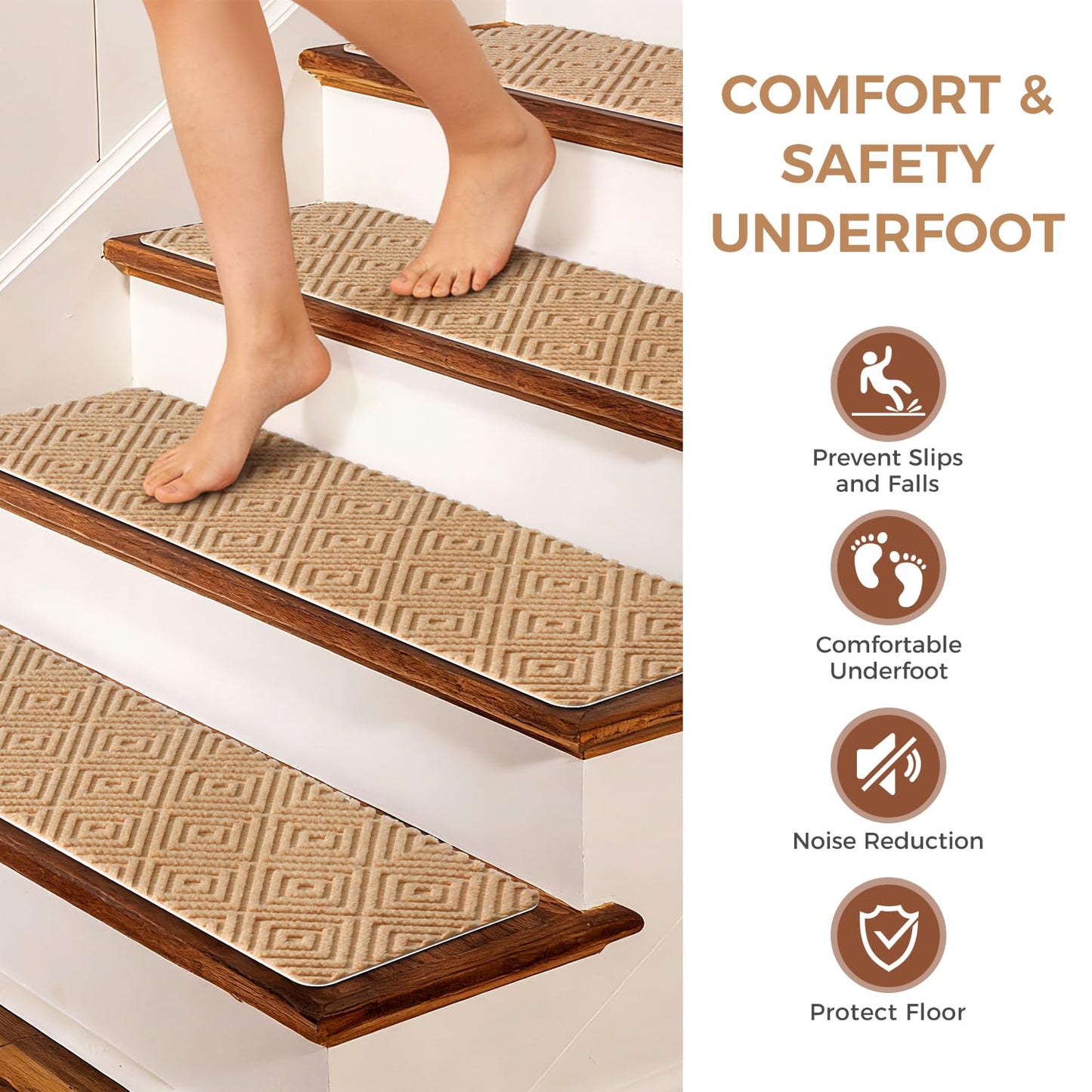 BAGAIL 15 Pack Non-Slip Stair Treads for Wooden Steps, 8"x30" Peel and Stick Carpet Stair Runners, Machine Washable Indoor Step Covers with No-Residue Adhesive for Dogs, Kids & Elderly - Beige