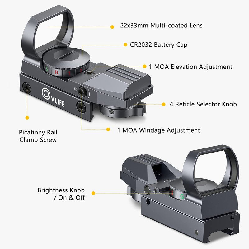 CVLIFE Reflex Sight, 1x22x33mm Red Green Dot Sight with 4 Adjustable Reticles for 20mm Picatinny Rail, Silver