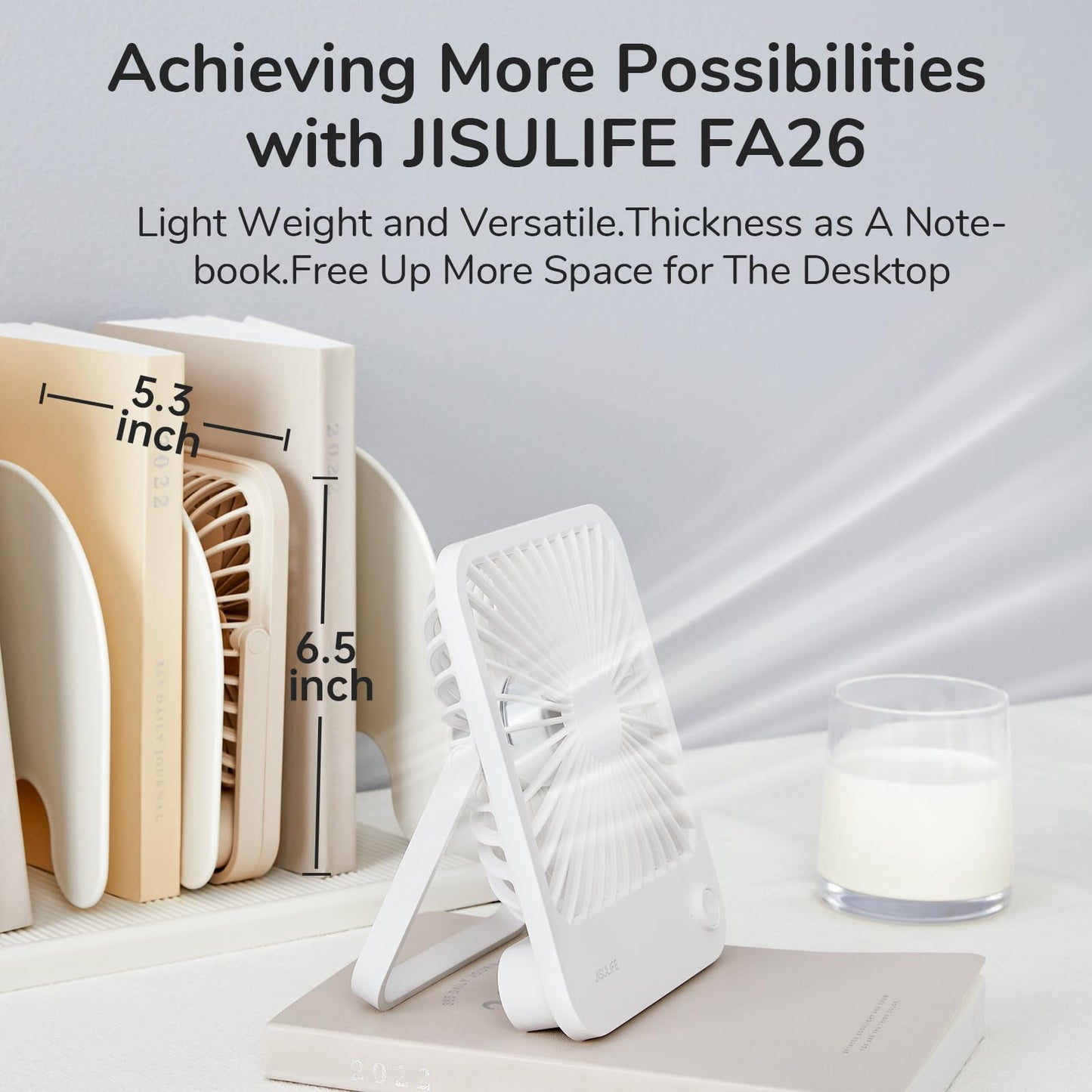 JISULIFE Desk Fan Battery Rechargeable, 4500mAh 180°Foldable Portable Personal Fan, 4 Speeds Adjustable Long Battery-life for Home Office Travel Outdoor Gifts for Women Men-White